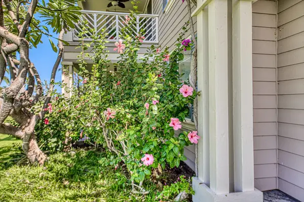 Tropical garden entrance adds colorful landscaping beside the resort home