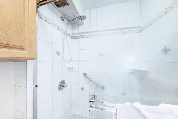 Bright, updated bathroom featuring a spacious tiled walk-in shower and modern finishes.