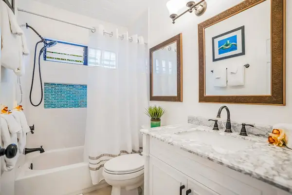 Guest bathroom with shower/tub combo.