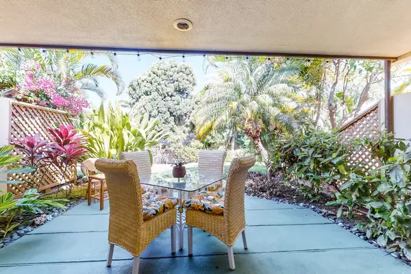 Tropical Patio Surrounded By Lush Greenery