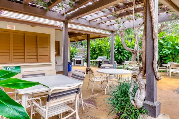 Covered patio for outdoor dining and relaxation