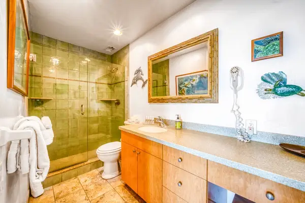 Spacious bathroom featuring a long vanity counter, large mirror, and full walk-in glass shower
