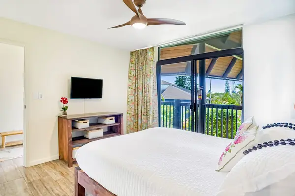 Queen bedroom with ceiling fan and ample natural light