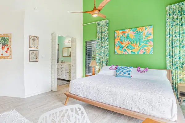 Serene king bedroom with garden views