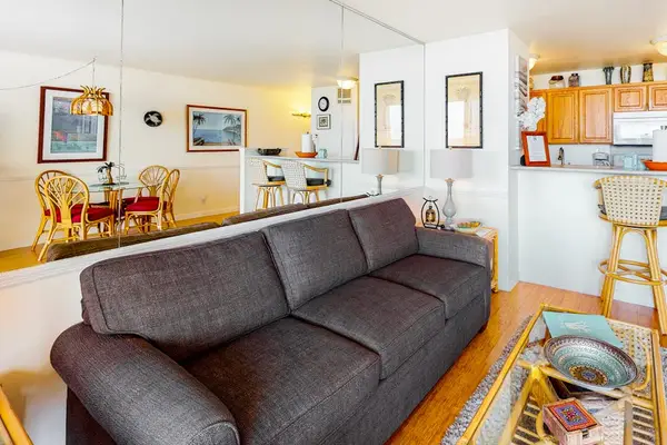 Living room with sleeper sofa and a flat screen tv.  Lots of natural light streaming in from the lanai.