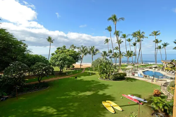 Lush oceanfront lawn with swaying palms, resort pool, and beautiful coastal views