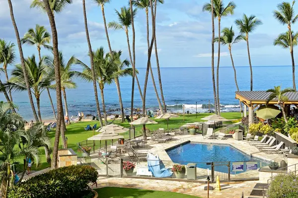 Tropical resort pool with beautiful ocean views