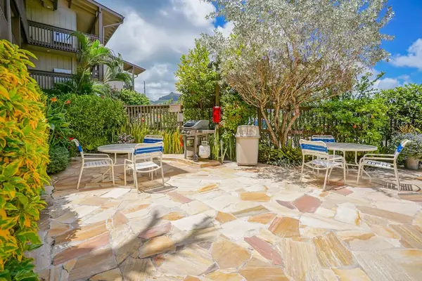 Outdoor patio with seating for morning coffee breaks
