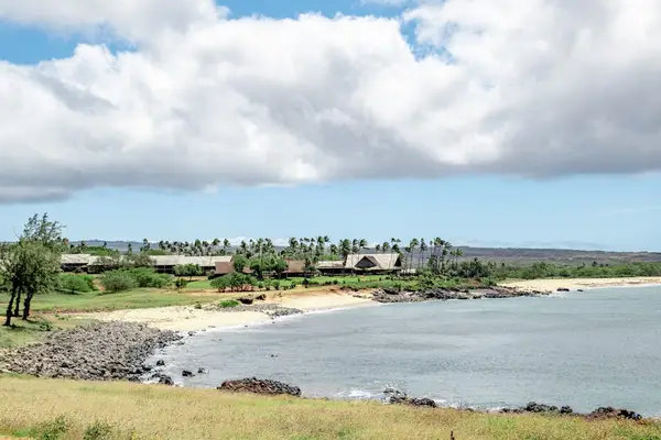 Aerial resort view offers inviting views beside Pacific waters