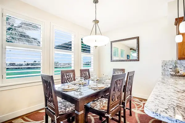 Dining room table with seating for six.  Allows for a great place to spend time with family for a game night or a nice dinner in, after a long day.