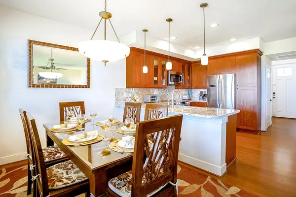 Dining room table with seating for six.  Allows for a great place to spend time with family for a game night or a nice dinner in, after a long day.