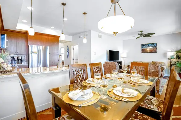 Dining room table with seating for six.  Allows for a great place to spend time with family for a game night or a nice dinner in, after a long day.
