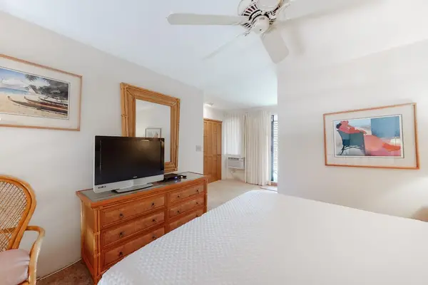 Primary loft bedroom with tropical art and TV