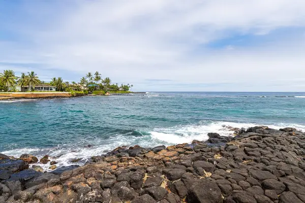 Enjoy stunning views of the Pacific Ocean framed by lush tropical plants, swaying palm trees and sparkling turquoise waters.