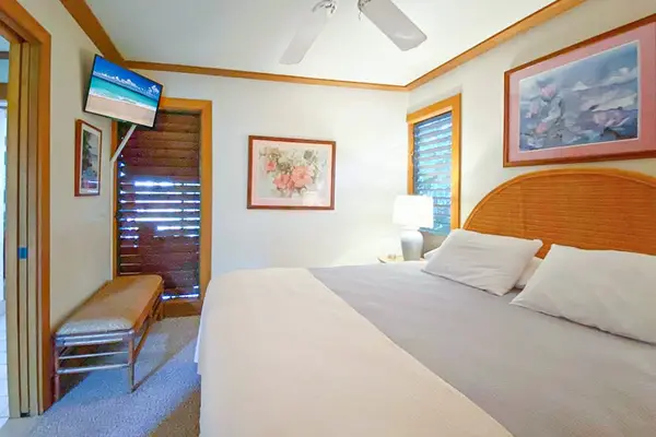 Master bedroom with king bed and a flat screen tv for a relaxing evening.
