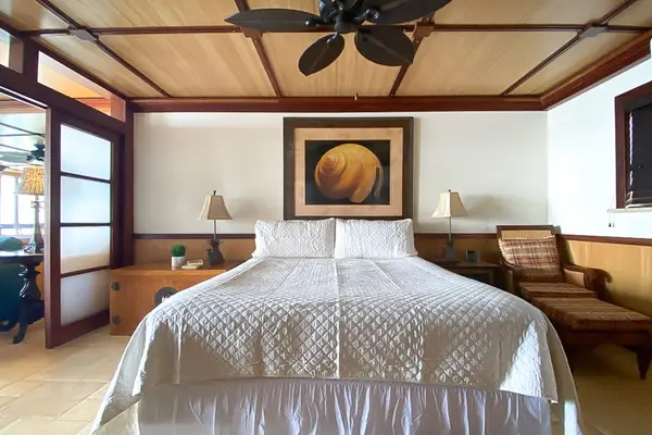 Master bedroom with king bed and flat screen tv.