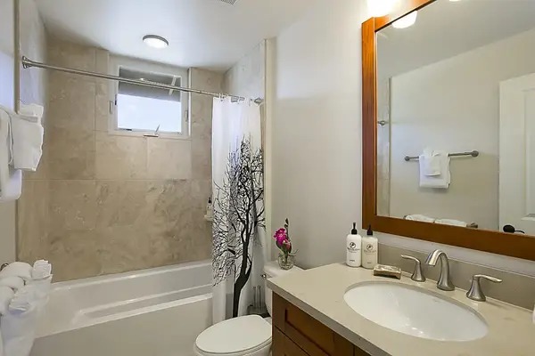 Guest bathroom with shower/tub combo.