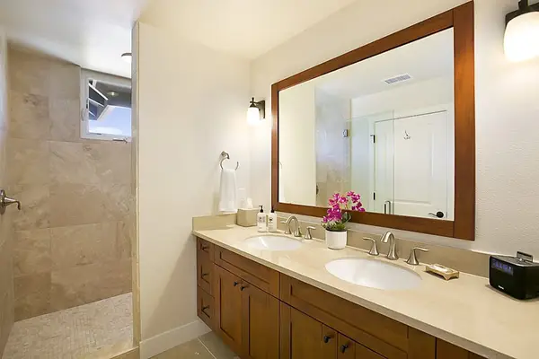 En-suite master bathroom with double sinks and a large walk-in shower.
