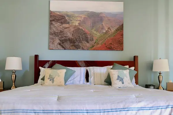 Guest room with king bed with flat screen tv.