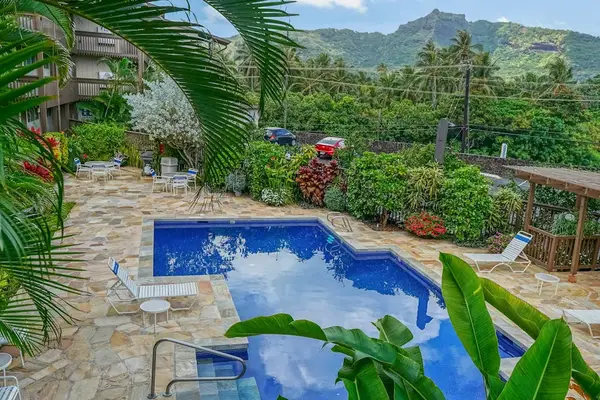Pool area with lush mountain views