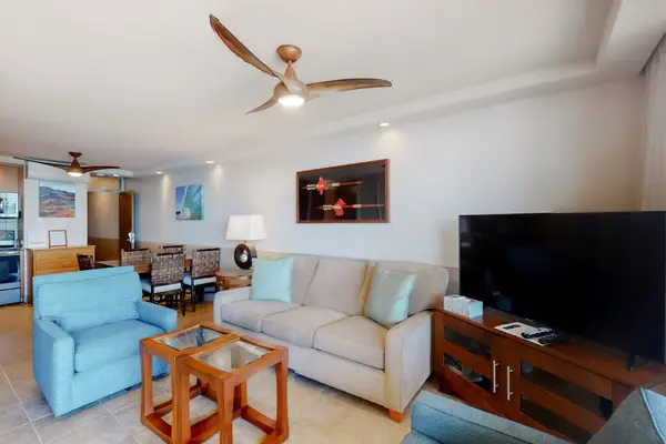 Relax in the bright living room with beautiful ocean views