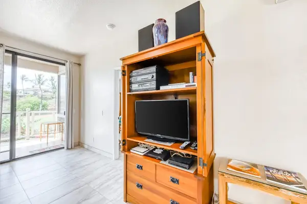 Entertainment area with TV and easy access to the outdoors