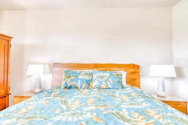 Cozy bedroom with colorful tropical-inspired bedding