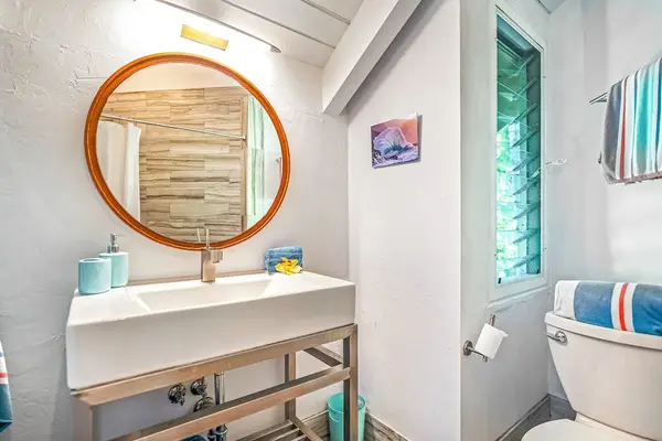 Guest bathroom with a modern vanity and plenty of counter space.