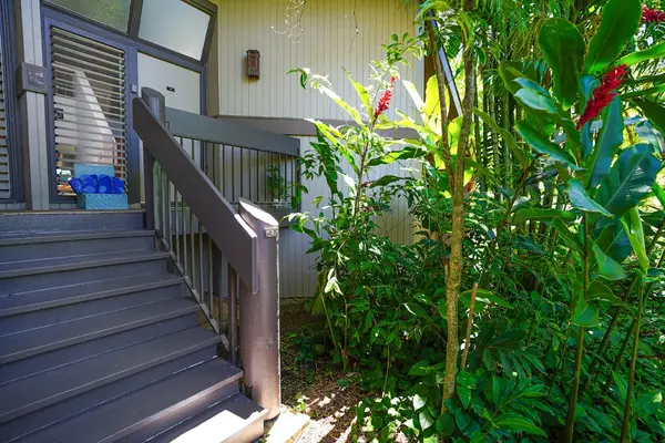 Walkway leading to the condo surrounded by tropical landscaping.