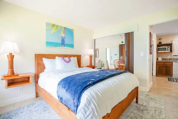 Alternate view of the queen bedroom showing en-suite bathroom access and layout