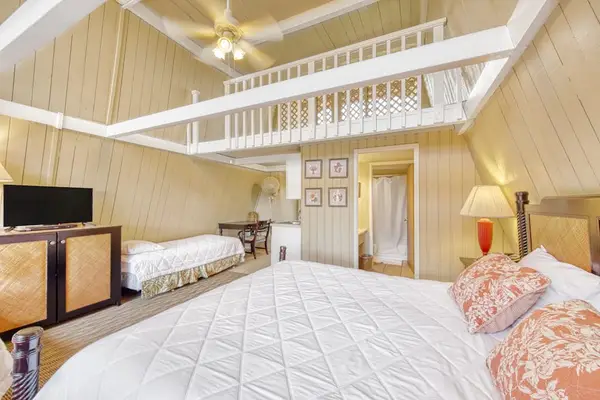 Open-concept studio with cozy sleeping area and TV for restful nights indoors