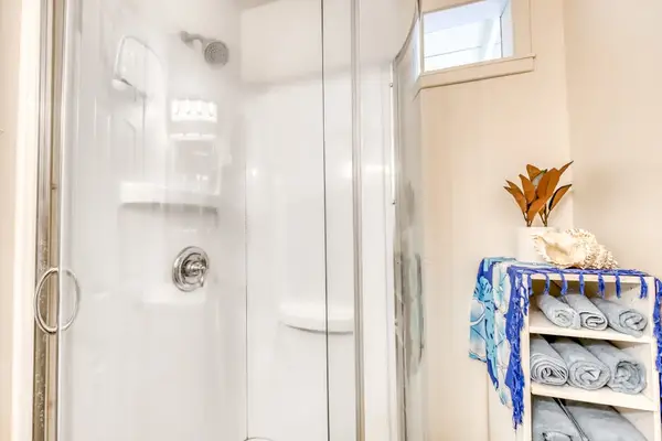 Walk-In Glass Shower Stall with Storage Shelf for Towels
