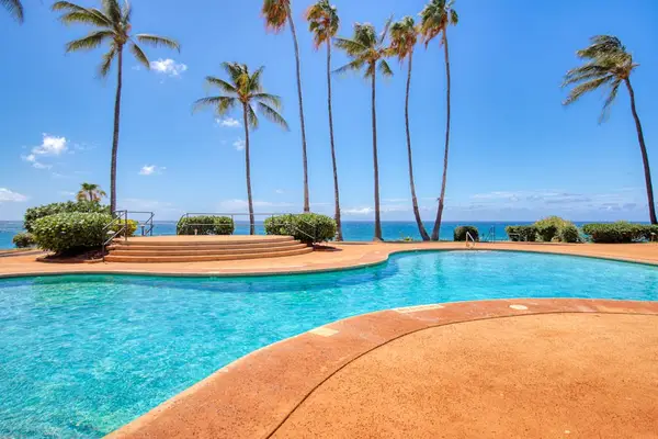 Resort pool offers refreshing swimming surrounded by palms and sunny seating
