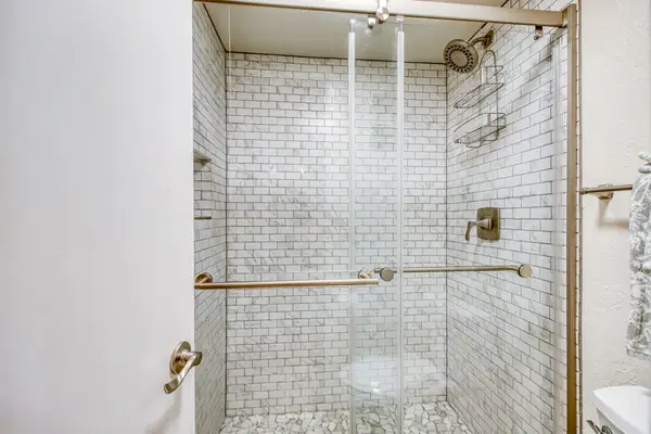 Walk-in shower with stylish tile accents
