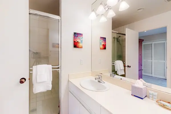 Bathroom vanity area includes mirror sink shower and colorful artwork