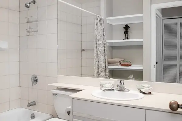 Full bathroom offers shower vanity mirror and practical storage space