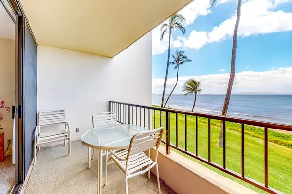 Views of the turquoise waters of the Pacific Ocean washing up on the white sandy beaches while the palm trees sway in the wind from your private lanai.  Relax in your chaise lounger or enjoy your morning coffee at your table and chairs.