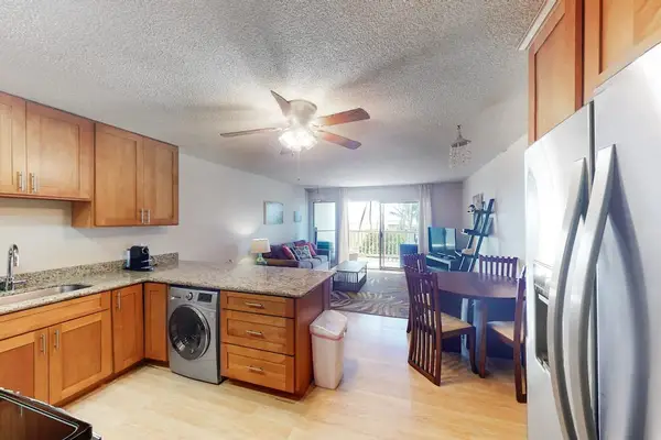 Kitchen and living spaces connect in a bright open-plan layout with washer and dryer