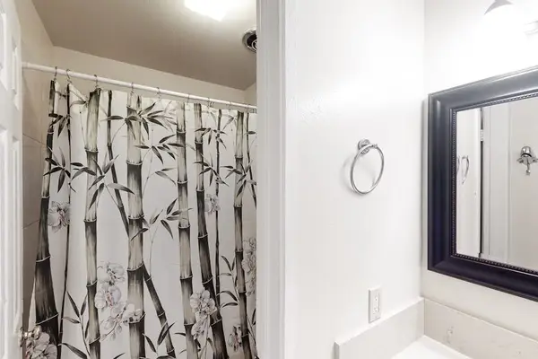 Full bathroom features patterned shower curtain bright vanity and mirror