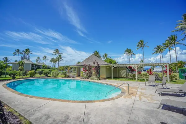 Sparkling pool area surrounded by palm trees