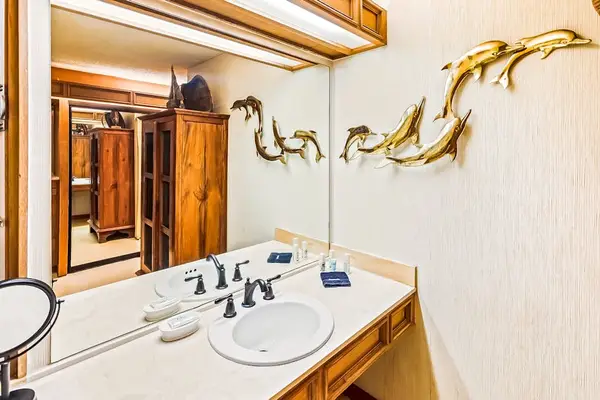 The well-appointed bathroom vanity provides generous counter space for added convenience.