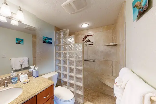 Master bathroom with walk in tiled shower.