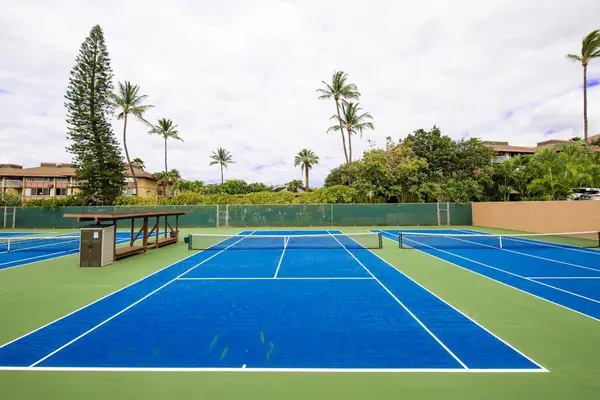 Resort tennis court surrounded by tropical greenery