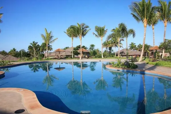 Sparkling Tropical Resort Pool Surrounded by Palm Trees