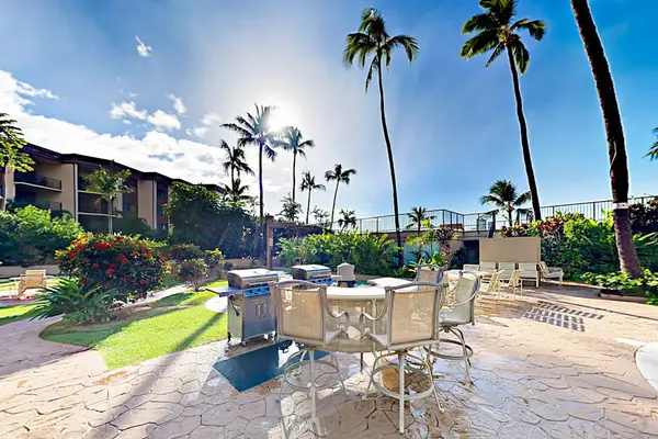 Tropical resort grounds surround the swimming pool with colorful landscaping
