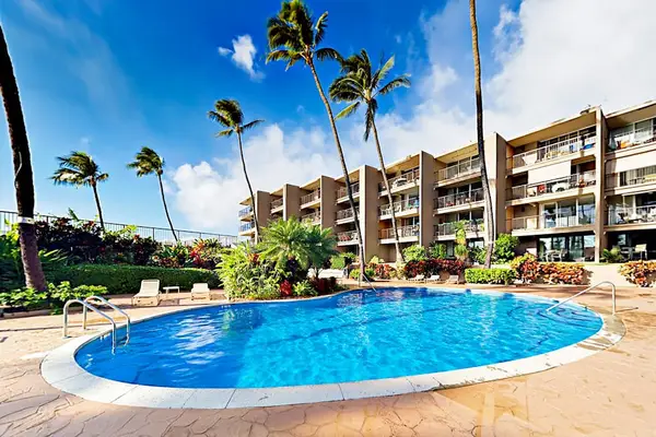 Resort pool offers refreshing swims beside tropical landscaping and palms