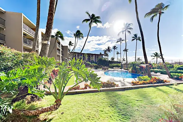 Resort building exterior showcases pool, palm trees, and landscaped grounds
