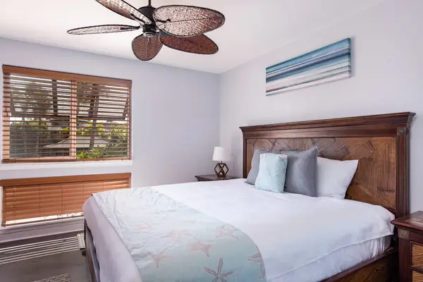 Guest room with king bed and a ceiling fan for complete comfort.
