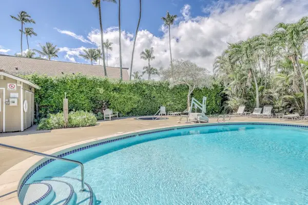 Refreshing pool surrounded by tropical palms