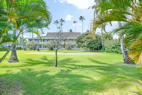 Open green lawn surrounded by tropical palms and property buildings